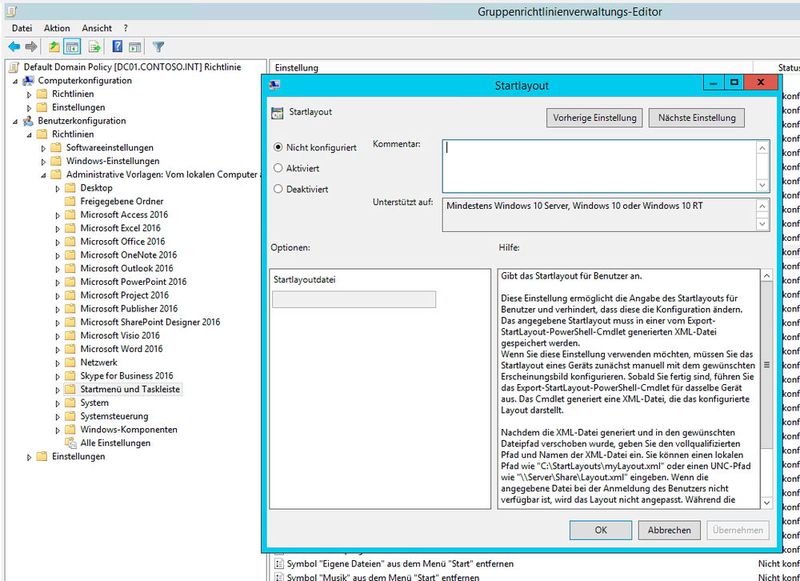Microsoft stellt darüber hinaus im MSDN (http://msdn.microsoft.com/en-us/library/windows/hardware/mt171092%28v=vs.85%29.aspx) Anleitungen zur Verfügung, wie sich das Startmenü über XML-Dateien steuern lässt. Die erstellte XML-Datei wird in den Richtlinien in der Einstellung 
