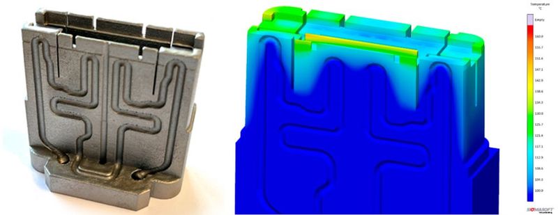 The mould insert (shown here in cross-section) had to prove itself in Sigmasoft Virtual Molding before manufacturing.