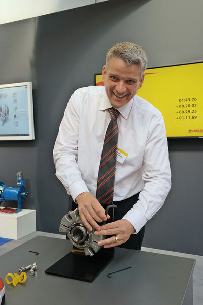 Laurent Prunier, marketing coordinator, demonstrates the 442C mechanical seal's simple installation technique. (Picture: Page Bailey)