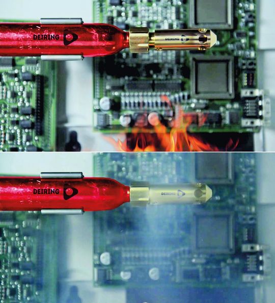 Bild 2: Funktion des Löschsystems. Bei einem Brand (oben) zerplatzt eine Thermo-Glasampulle und öffnet die angeschlossene Löschmittelkartusche (unten).(Bild:  Deiring)