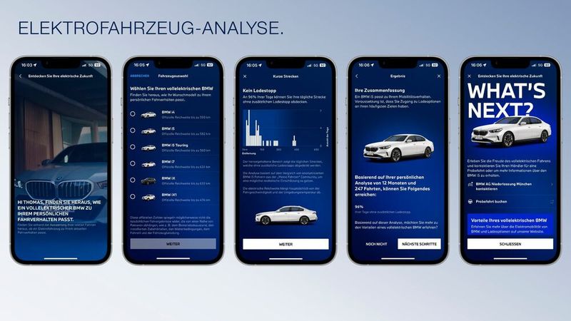 Ob ein elektrischer BMW zum eigenen Nutzerverhalten und Fahrstil passt, lässt sich jetzt einfach testen: Fahrer eines Verbrenner-BMWs können über die App „My BMW“ Fahrten mit einem E-Auto simulieren.(Bild:  BMW)
