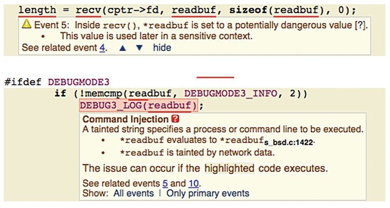 Bild 1: Beispiel von Obfuscation eines Exploits im Project Unreal IRCD. Im Quellcode erscheint die betreffende Stelle als ein harmloses Makro zum Debug-Loggin. (GrammaTech)
