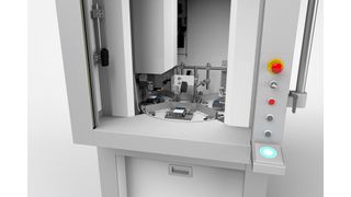 Ein in die giroJoin Maschine integrierter Rundtakttisch ermöglicht das manuelle Bestücken der Anlage parallel zum Fügeprozess. Taktzeiten von typischerweise 10 Sekunden sind so umsetzbar. Bei größeren Stückzahlen werden die Bestückung und Bauteilentnahme über einen Pick & Place Roboter realisiert. (Bild: Kist+Escherich)