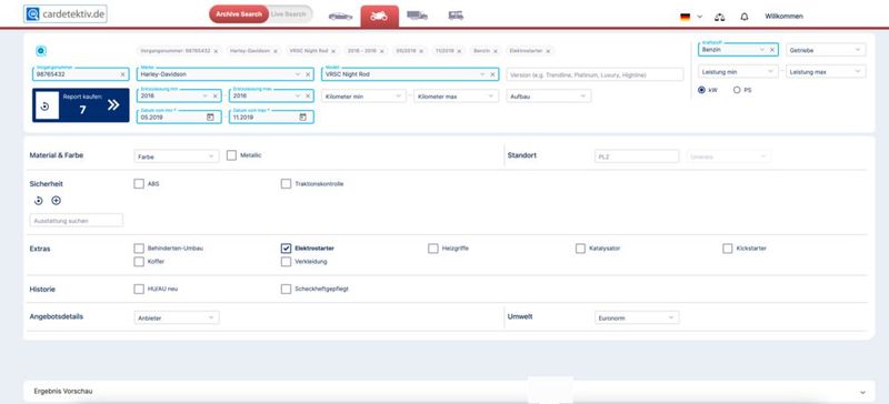 Das Cardetektiv-Archiv reicht bis ins Jahr 2016 zurück – und zwar für Pkw, Motorräder, Nutzfahrzeuge und Wohnmobile. (Bild: Cardetektiv)