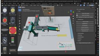 Bild 1: 3D-Modellierungssoftware Blender mit dem integrierten Bauteilekatalog von MHJ-Software (links), dem Aufbau einer virtuellen Anlage im Konstruktionsbereich (zentral) sowie dem speziell entwickelten Plugin zur Skill-Konfiguration (rechts).  (Bild: MHJ-Software)