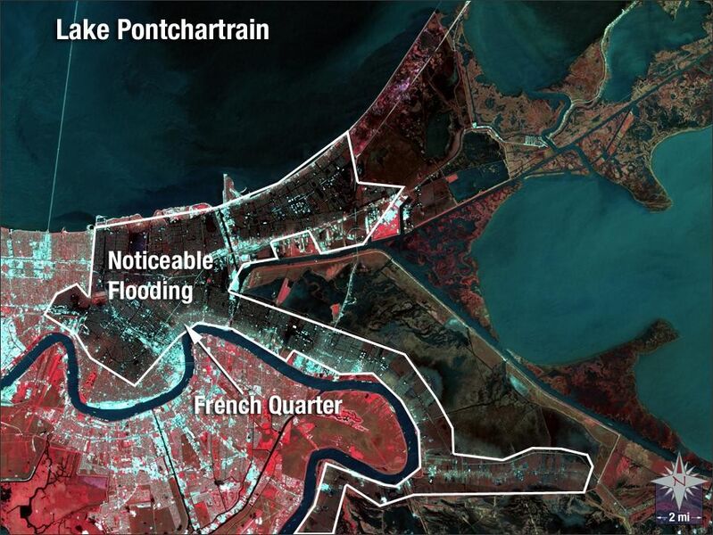 Das Fehlfarbenbild von 2005 zeigt die überschemmten Gebiete von New Orleans nach Hurrikan Katrina (NASA)