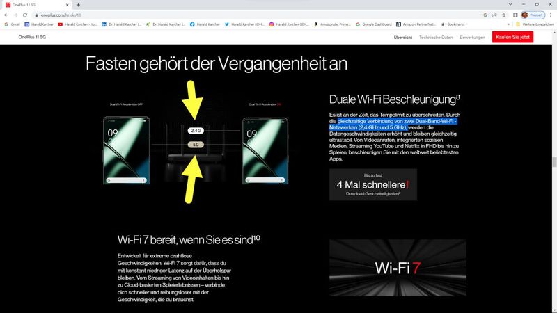 Das OnePlus 11 verspricht Wi-Fi-7-Multi-Link-Betrieb. Also die gleichzeitige Verbindung auf zwei Bändern, bei 2,4 und 5 GHz, was zu einer Aggregierung der Durchsatzwerte führen soll. (Bild: Oneplus)