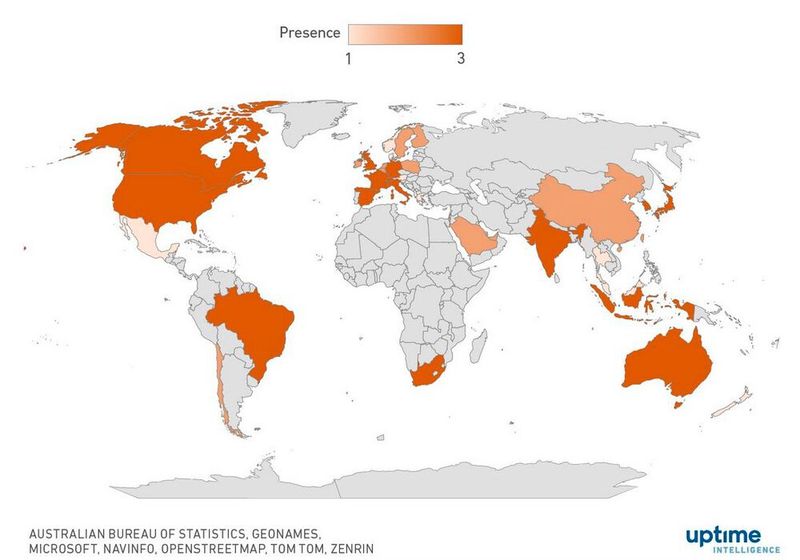 Die weltweite Verteilung der Hyperscaler-Rechenzentren: Die meisten Länder (158 von 198) haben keine. Eine ungewöhnlich hohe Dichte besitzen die USA als Stammland der Groß-Provider.