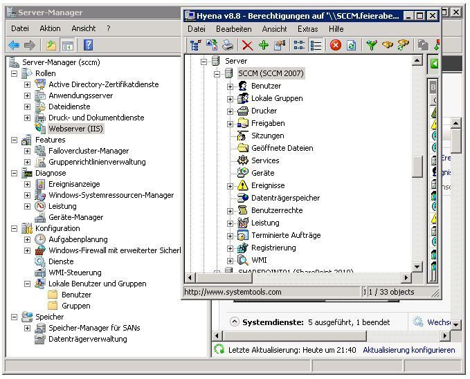 Abbildung 11: Dieser Vergleich zwischen Microsoft Server-Manger 2008R2 und Hyena 8.8 zeigt die Computer- bzw. Server-Verwaltung. Der Server-Manager bietet mehr Möglichkeiten, wie beispielsweise die Datenträgerverwaltung, Rollenverwaltung oder den Gerätemanager. (Archiv: Vogel Business Media)