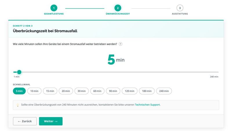 Der zweite Schritt ist dann die Angabe der erforderlichen Überbrückungszeit bei einem Stromausfall. (Bild: Online USV-Systeme)