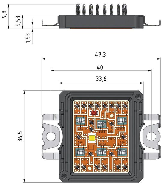 Bild 2:  Das EasyPACK-S-Modul besitzt eine Bauhöhe von 5,6 mm und eine Grundfläche von etwa 33 mm × 36 mm.(Bild:  Infineon Technologies AG)