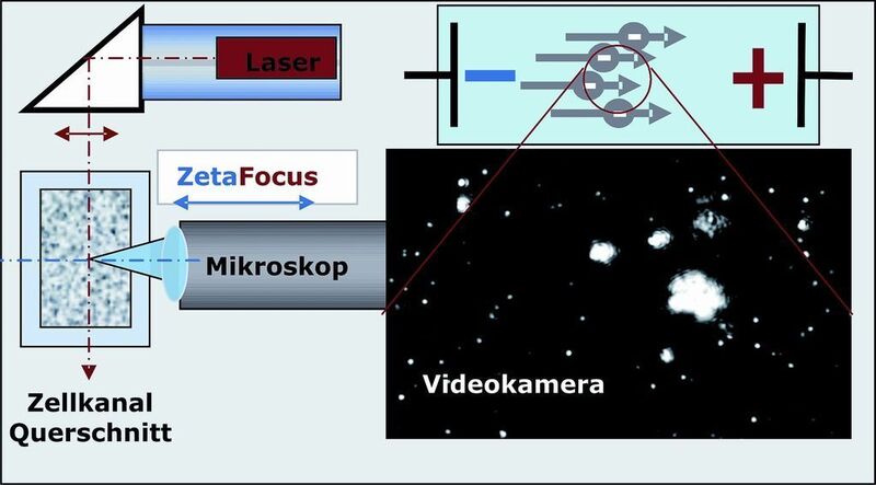 2	 ZetaView – Elektrophorese-Anordnung mit verstellbarem Laser und Mikroskop zum kontrollierten Abtasten des Zellkanalquerschnitts. Video-Ausschnitt aus dem Elektrophorese-Messkanal (2 x 5 x 50 / mm). (Archiv: Vogel Business Media)