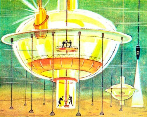 Lichtglocken im Meer: Bohrtürme der Tiefsee –  
Die Tauchkugel und das Tauchschiff, die bis zu 4000 Meter sich in die Tiefsee senkten, um dem geheimnisvollen Tierleben des Meeres nachzuspüren, sind veraltet; denn jetzt gibt es die Lichtglocken. Ihr Durchmesser beträgt 30 Meter, Der Radius ihrer Strahlfähigkeit kann durch Lichtquellen bis auf 50 Meter ausgedehnt werden. Das Innere der Glocke und der Meeresboden ringsum sind dann taghell erleuchtet. Von den Arbeitsschiffen auf der Meeresoberfläche aus werden noch zusätzliche Tiefenstrahler abgesenkt. Die Lichtglocken dienen zunächst weniger der Erforschung der Meerestierwelt. Ihre Spezialeinrichtungen, vor allem die Bohranlagen, suchen nach Öllagern und Erzen. Die Lichtglocken ermöglichen es den Menschen, nun auch in das Erdreich unter den Meeren einzudringen. Neue Ölvorkommen sind bereits erschlossen, und Mineralien werden abgebaut. Dabei leistet die Lichtglocke wiederum wertvolle Hilfe. Sie wird nämlich abgestützt, und aus ihren Bohrschächten entsteht dann eine Art Förderanlage. Bei verankerten Liehtglocken, deren Inneres durch Preßluftzufuhr versorgt wird, ersetzt man das Kontrollschiff durch eine auf Stahlstützen ruhende künstliche Insel. Sie verfügt über die notwendigen Versorgungsanlagen. Darüber hinaus aber sind auf ihr auch Kräne und Laderampen errichtet für große Öltanker und mehrere Transportschiffe.  (Die Welt von Morgen, Birkel-Sammelalbum, 1959 / retro-futurismus.de)