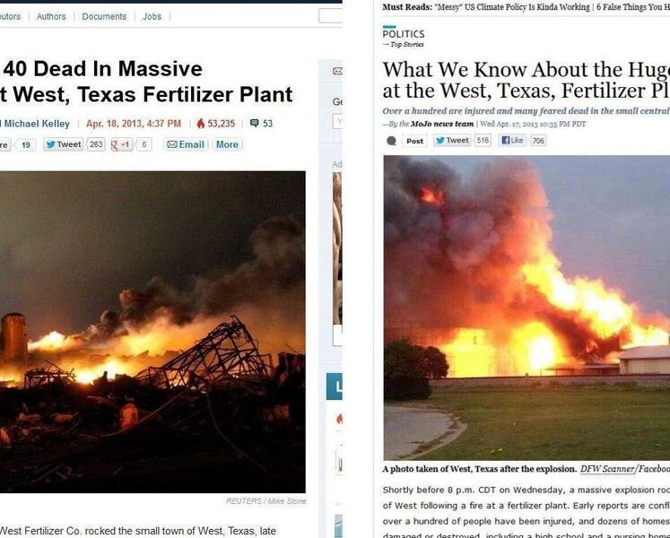  Im US-Bundesstaat Texas ist eine Düngemittelfabrik von West Fertilizer explodiert. (Screenshot: www.businessinsider.com, www.motherjones.com)