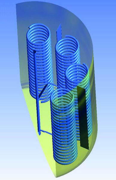 Geometrie des Veresterungsreaktor in der ½ geteilt mit 4 Heizregistern (total 8 Heizregister im Behälter)  (Bild: SPX)