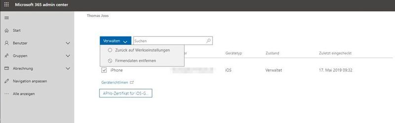 Smartphones und Tablets können über Office 365 zurückgesetzt werden. Auch Daten lassen sich löschen. (Joos / Microsoft)