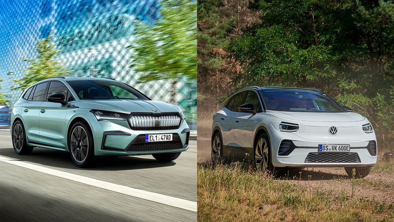 Mit dem Skoda Enyaq (li.) und dem VW ID 4 (re.) läutet Volkswagen auch bei den Kompakt-SUVs seine E-Offensive ein.(Bild:  Skoda/VW)