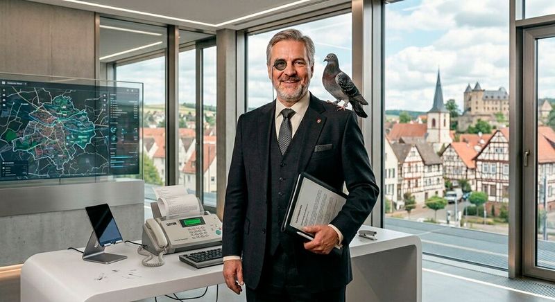 Landrat Götz-Friedbert Murkelmann mit Erna vor der Skyline von Grünow-Prankwitz.(Bild:  Landkreis Grünow-Prankwitz)