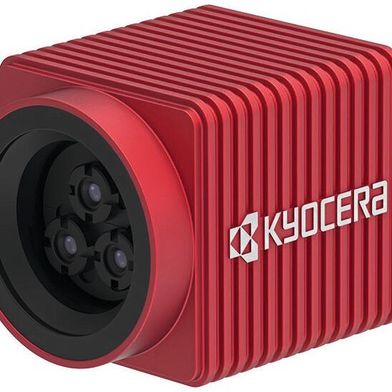 The triple lens distance sensor for close-up photography from Kyocera. The module measures 1.10 in x 1.18 in x 1.57 in. The camera uses three lenses and proprietary AI to detect semi-transparent, thin and fine line-shaped objects that were previously difficult to see with the human eye and conventional stereo cameras. (Image:Kyocera)
