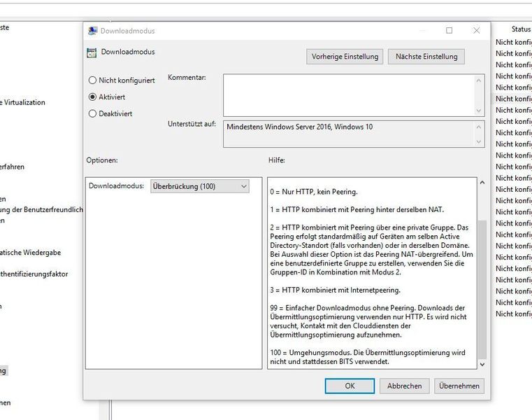Bei „Computereinstellungen\Administrative Vorlagen\Windows-Komponenten\Übermittlungsoptimierung\Downloadmodus“ lässt sich festlegen, ob und wie der neue Verteilungsmodus für Windows-Updates verwendet werden soll. Durch Aktivieren der Option „Umgehen“ oder „Überbrückung“, wird der neue Modus übergangen und weiterhin die BITS-Technologie verwendet. Hier stehen auch andere Optionen zur Verfügung. (Joos)