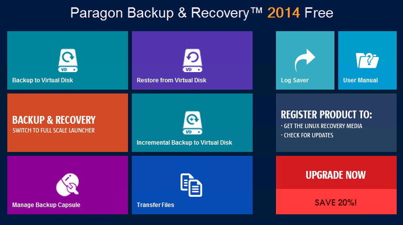 Nach dem Start von Paragon Backup & Recovery 2014 Free können Anwender auswählen, wie die Sicherung durchgeführt werden soll. Daten lassen sich komplett sichern oder auch wiederherstellen. (Bild: Thomas Joos)
