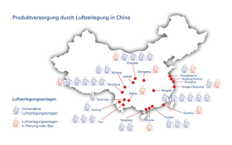 Überblick über bestehende und geplante bzw. im Bau befindliche Luftzerlegungsanlagen in China (Bild: Messer)