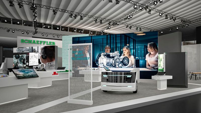 Leider gibt es aktuell von Schaeffler nur eine Darstellung des Messestands und keine Produktbilder – aber die kommen bestimmt noch.(Bild:  Schaeffler/Agentur Teigelkämper)