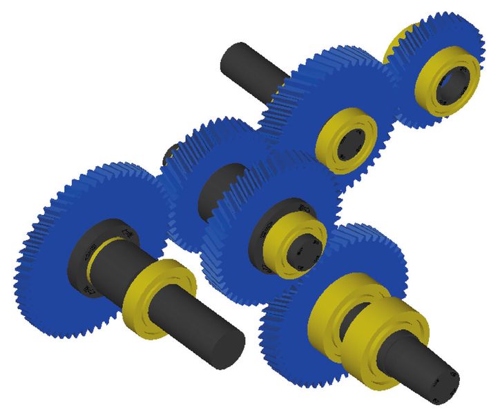 Bild 1: Mähdrescher-Motorabtrieb mit innenliegenden Kupplungen und aktiver Umlaufschmierung. (Bild: Kisssoft)