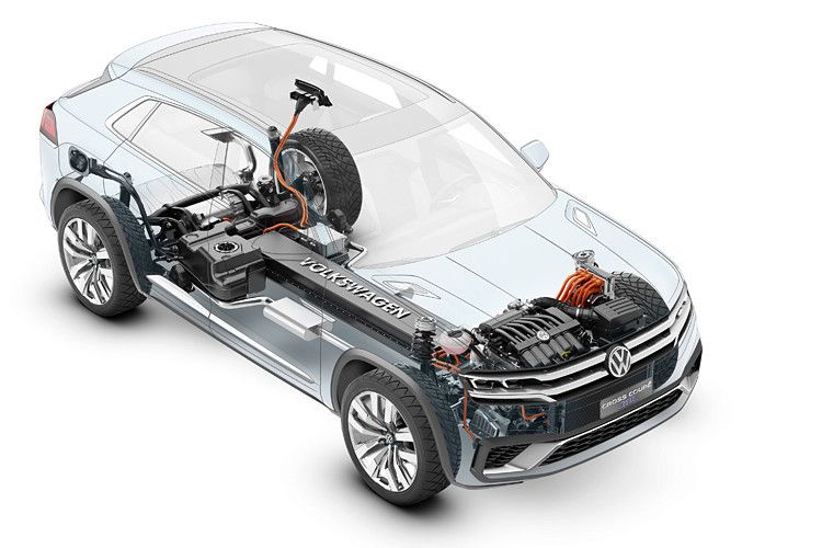 ... hat Volkswagen eine Antriebs-Konfiguration entwickelt, die es mit den 206 kW/280 PS des direkt einspritzenden 3,6-Liter-V6-Motors und den E-Motoren an Vorder- und Hinterachse mit 40 kW/54 PS und 85 kW/116 PS auf eine Systemleistung von 265 kW/360 PS bringt. (Bild: Volkswagen)