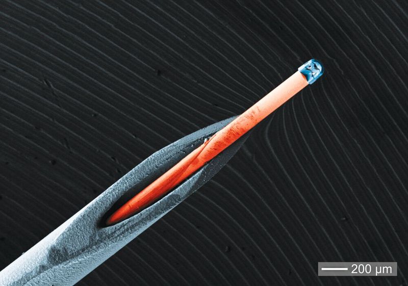 Diese hochauflösende Triplet-Linse wurde direkt auf eine Faser gedruckt und eignet sich beispielsweise für ein Endoskop. (T. Gissibl / Universität Stuttgart / PI 4)