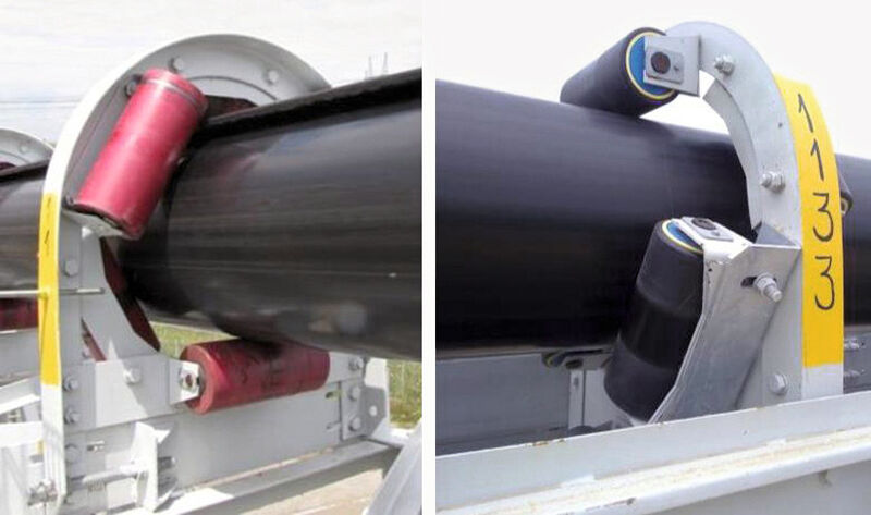 Fig. 7: Standard conveyor idlers (left) versus low noise plastic idlers (right). (Picture: Takraf)