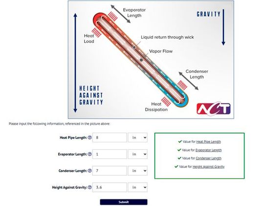 This screenshot of the application shows the parameters entered to determine the performance of a heat pipe.(Source:  Advanced Cooling Technologies)