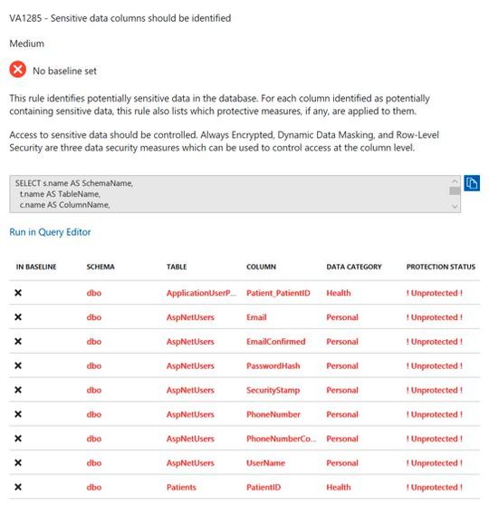 Vulnerability Assessment ermöglicht außerdem eine schnelle Problembehandlung. Durch Klicken auf „Sensitive data columns should be identified“ wird ein Fenster mit spezifischen Spalten geöffnet.(Bild:  Microsoft)