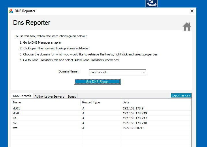 Mit dem DNS-Reporter lassen sich die Daten von DNS-Zonen in Active Directory auslesen. (MicroNova / Joos)