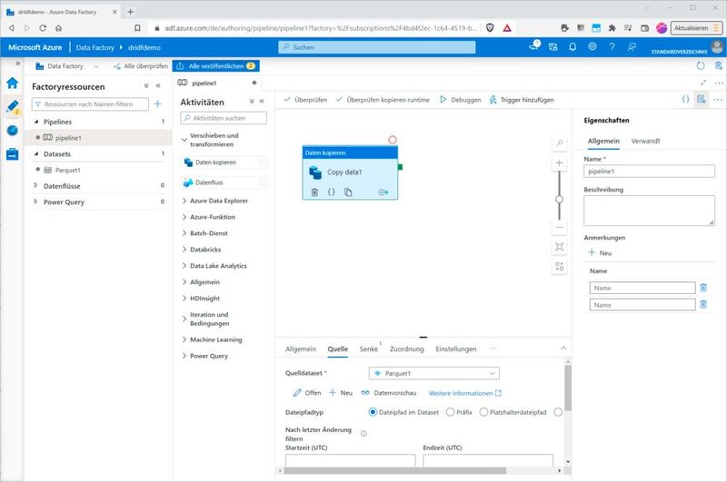 Mit einem Klick auf „OK“ landen Sie wieder in Ihrer Pipeline. Die Quelle ist jetzt ausreichend konfiguriert, da sie keine „1“ mehr zeigt. (Bild: Drilling / Microsoft)