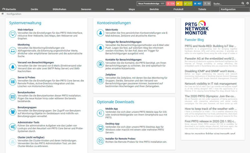 Über das Konfigurationsmenü lassen sich alle zum Verwalten der Überwachungslösung relevanten Punkte erreichen. (Bild: Paessler / IT-Testlab)