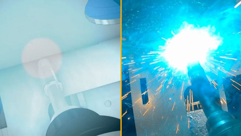 Schweißprogramm in der OLP-Software (links) und physisches Schweißen in der Werkstatt (rechts). (Bild: Visual Components)