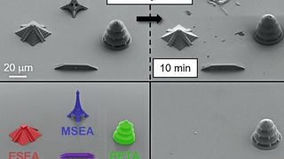 Dreidimensionale Mikrostrukturen aus verschiedenen spaltbaren Fotolacken (Ausschnitt) (Nature Communications)
