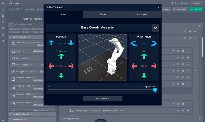 Screenshot of the Drag & Bot operator panel (soft teach pendant). (VDW)