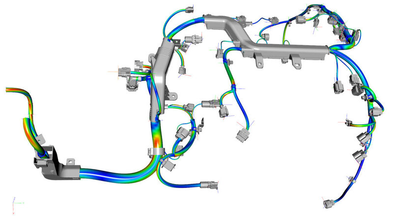 Spitzentechnologie aus der Fraunhofer Forschung sichert flexible Bauteile wie Kabel und Schläcuhe digital ab. Das Tool „IPS CableSimulation“ etabliert sich weltweit zum festen Bestandteil des Produktprozesses in der Automobil-und Nutzfahrzeugindustrie. (Bild: Fraunhofer)