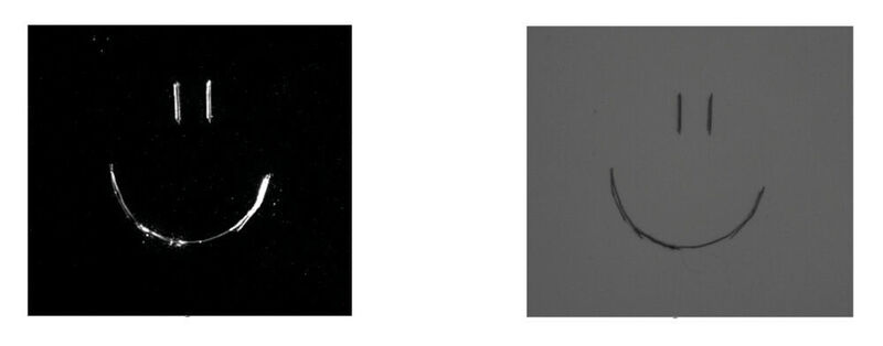Abb 12: Kratzer auf einer Plexiglasscheibe bei einer Dunkelfeld-Durchlichtbeleuchtung (links). Die gleichen Artefakte bei einer Hellfeld-Durchlichtbeleuchtung (rechts). (IPF Electronic)