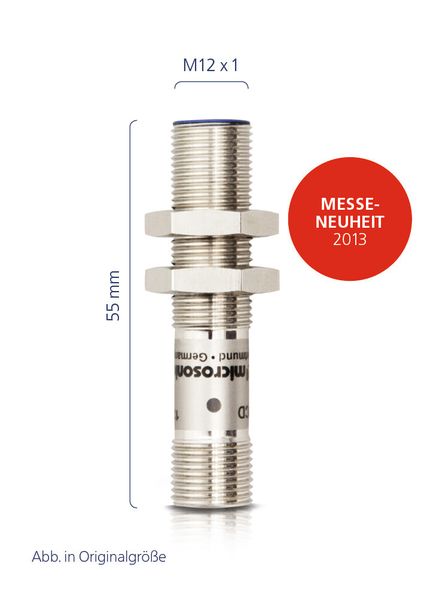 Mit nur 55 mm Gesamtla¨nge einschließlich Stecker ist der Nano von Microsonic der ku¨rzeste M12-Ultraschallsensor am Markt. 2 Tastweiten mit einem Messbereich von 20 mm bis 350 mm. (Bild: Microsonic)