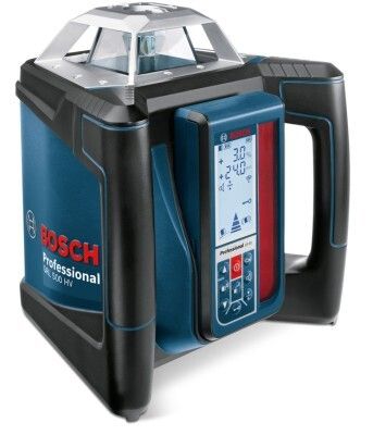 Red Dot Award 2015 - Rotationslaser und Laserempfänger GRL 500 H/HV Professional & LR 50 Professional von Bosch: Diese Systemlösung besteht aus dem Rotationslaser GRL 500 H/HV Professional und dem intelligenten Laserempfänger LR 50 Professional, der gleichzeitig die Fernbedienung ist. Zusammen bilden die beiden Komponenten eine geschlossene Einheit. Sind sie voneinander getrennt, signalisiert ein rot leuchtendes und zentral angeordnetes LED-Licht den aktivierten Diebstahlschutz. Im System fest verbaute Lithium-Ionen-Akkus sorgen für eine platzsparende Gesamterscheinung. (Bild: Red Dot)