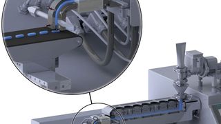 Konzept für den Einsatz des 3D-Drucks in der pharmazeutischen Produktion: Im Schmelzextruder (rechts) werden die Ausgangssubstanzen aufgeschmolzen und mit dem Drucksystem (links) in Tablettenform gebracht.