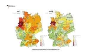 Vergelijking van de regionale hoeveelheden verstrekte antibiotica in 2011 en 2025 (Afbeelding:Federaal Bureau voor Consumentenbescherming en Voedselveiligheid (BVL))