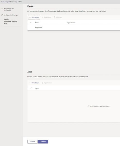 In den Vorlagen für Teams ist es auch möglich Kanäle und Apps für neue Teams zu definieren. (Joos / Microsoft)