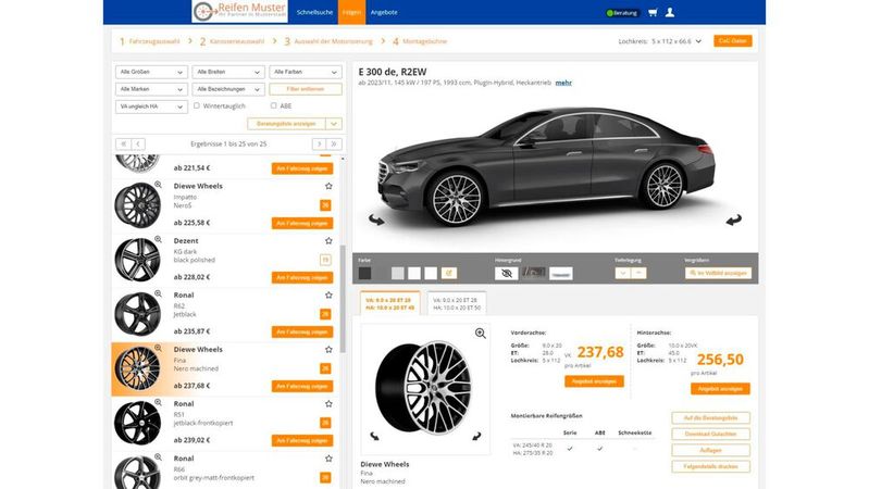Nicht nur für Elektrofahrzeuge wichtig: Der neue 3D-Alufelgenkonfigurator kann auch verschiedene Felgen auf Vorder- und Hinterachse.(Bild:  Reifenbörse.de)