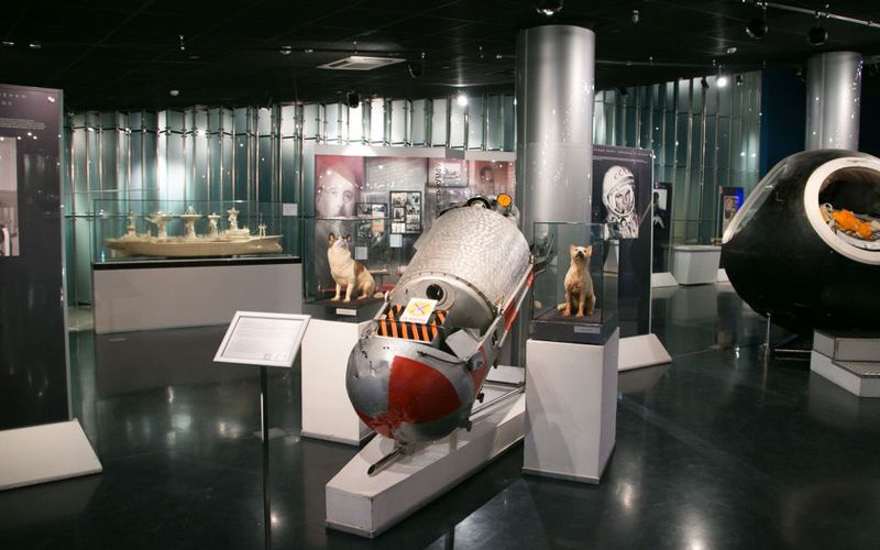 Blick auf die Ausstellung des Raumfahrtmuseums in Moskau. Vor 60 Jahren, am 3. November 1957, schoss die Sowjetunion die Mischlingshündin Laika als ersten Vierbeiner mit einer Rakete in den Weltraum. (dpa - Bildfunk)