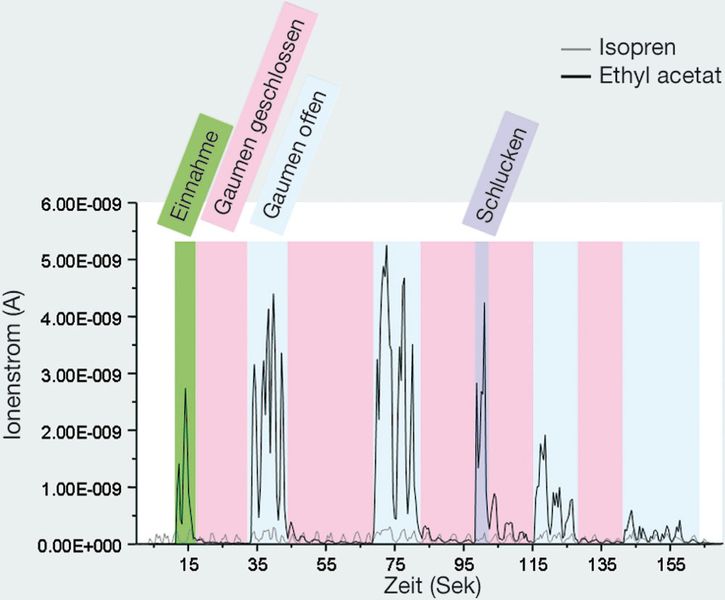 Abb.2: Echtzeit-PTR-MSAnalyse flüchtiger Verbindungen, die beim Konsum von Wein das Riechzentrum passieren und durch die Nase ausgeatmet werden. (Archiv: Vogel Business Media)