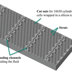 Der ursprüngliche Zellhalter – ein Aluminiumblock mit zylindrischen Hohlräumen für die Zellaufnahme und den dazwischen liegenden Kühlkanälen.(Bild:  IPEK – Institut für Produktentwicklung)